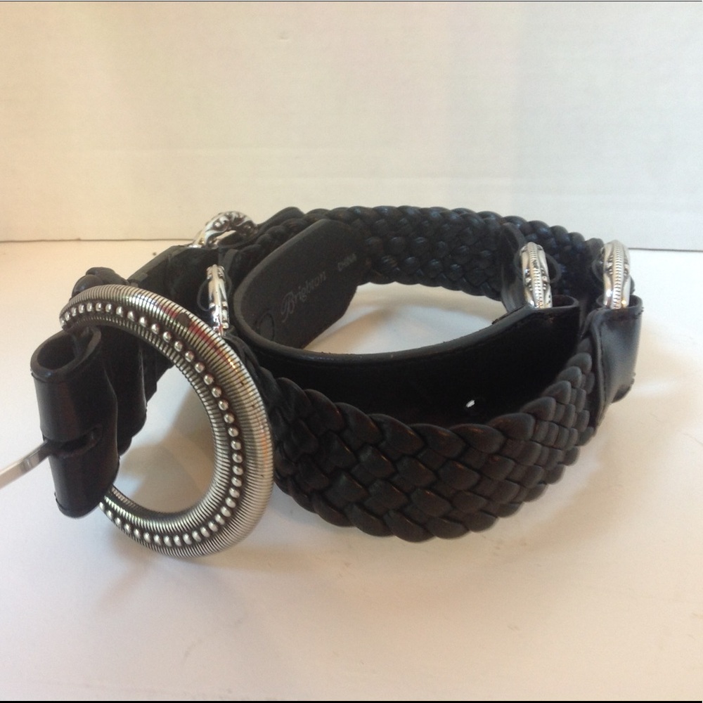 Brighton Black Leather Belt Silver Braided